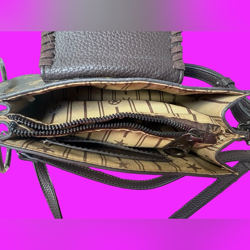 WESTERN Montana West Brown Crossbody Logo Bag Or Clutch With Fur Accent Like New - Picture 4 of 8